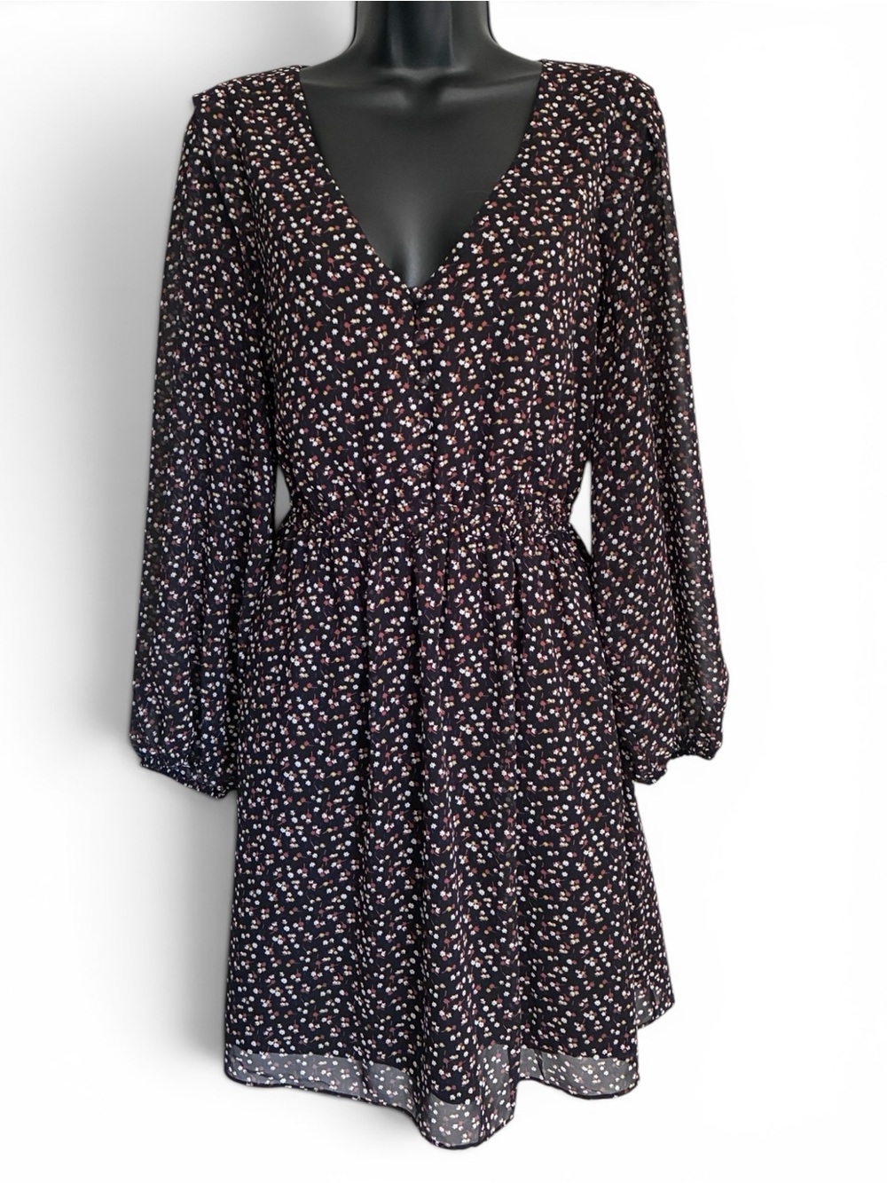 Madewell Georgette Black Boho Whimsigoth Indie Ditsy Floral Mini Dress Sz M